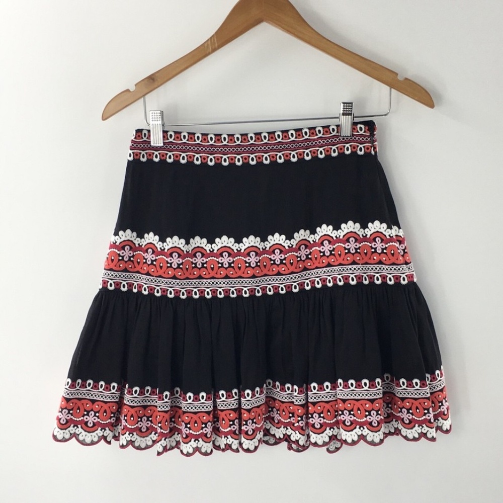 AMUR Black Mini Skirt with Red and White Embroidered Trim